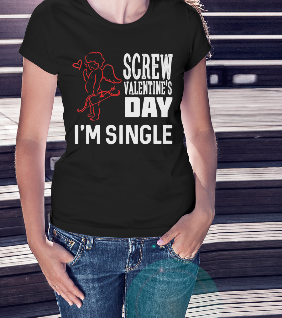 Screw Valentine's Day I'm Single Cupid Heart Drawing T-Shirt