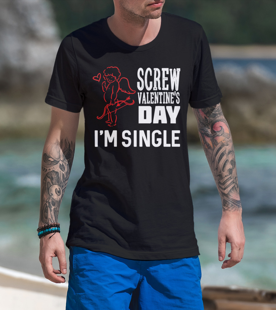 Screw Valentine's Day I'm Single Cupid Heart Drawing T-Shirt