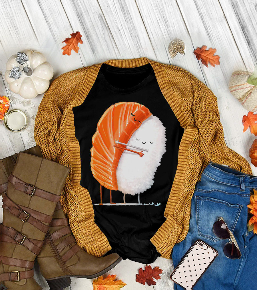 Cute Sushi Couple Embrace Valentine Hug T-Shirt