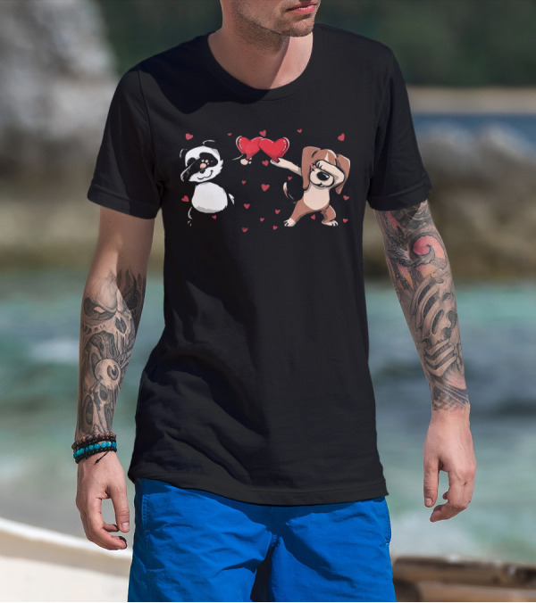 Funny Dabbing Beagle And Dabbing Panda With Hearts And Love T-Shirt