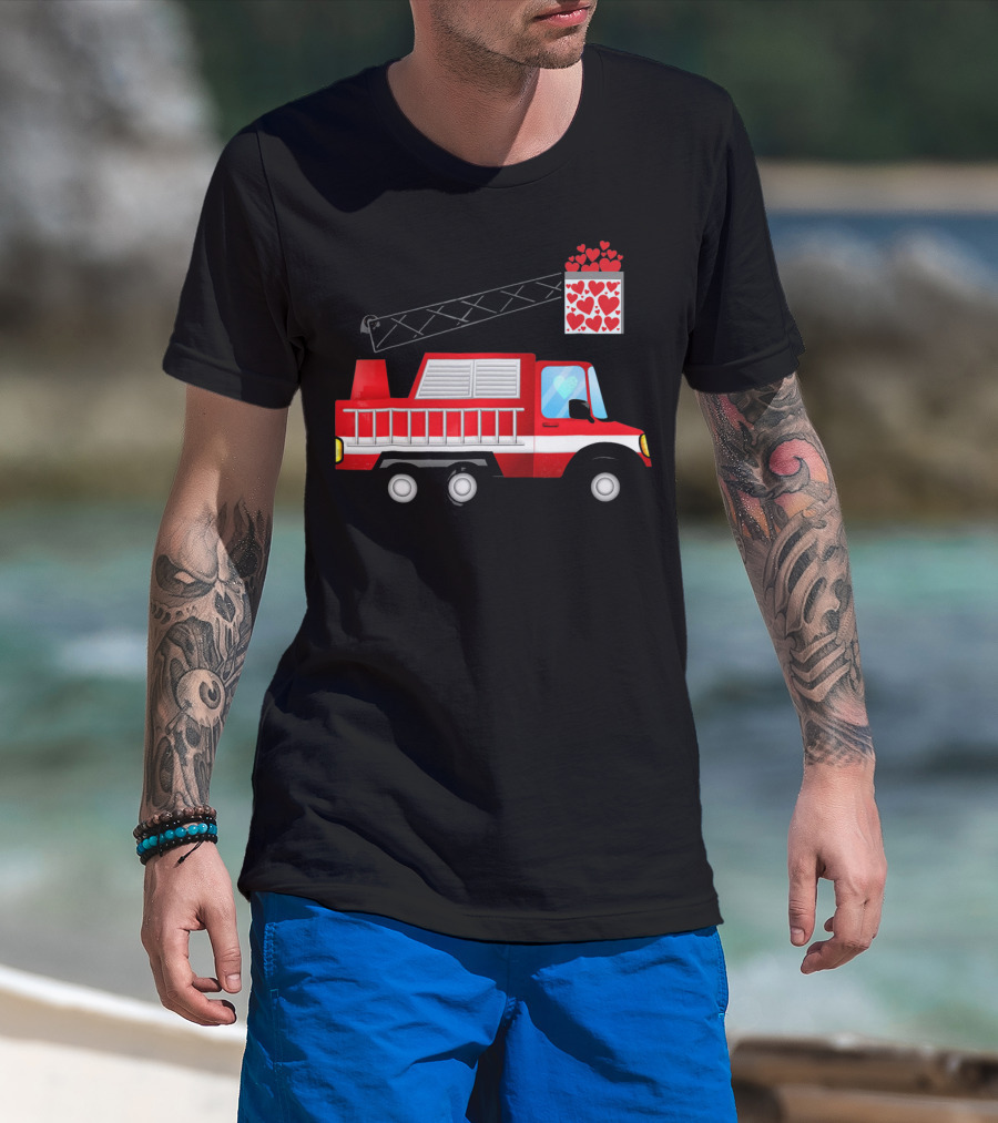 Valentine Hearts Fire Truck With Ladder And Firefighter Emblem T-Shirt
