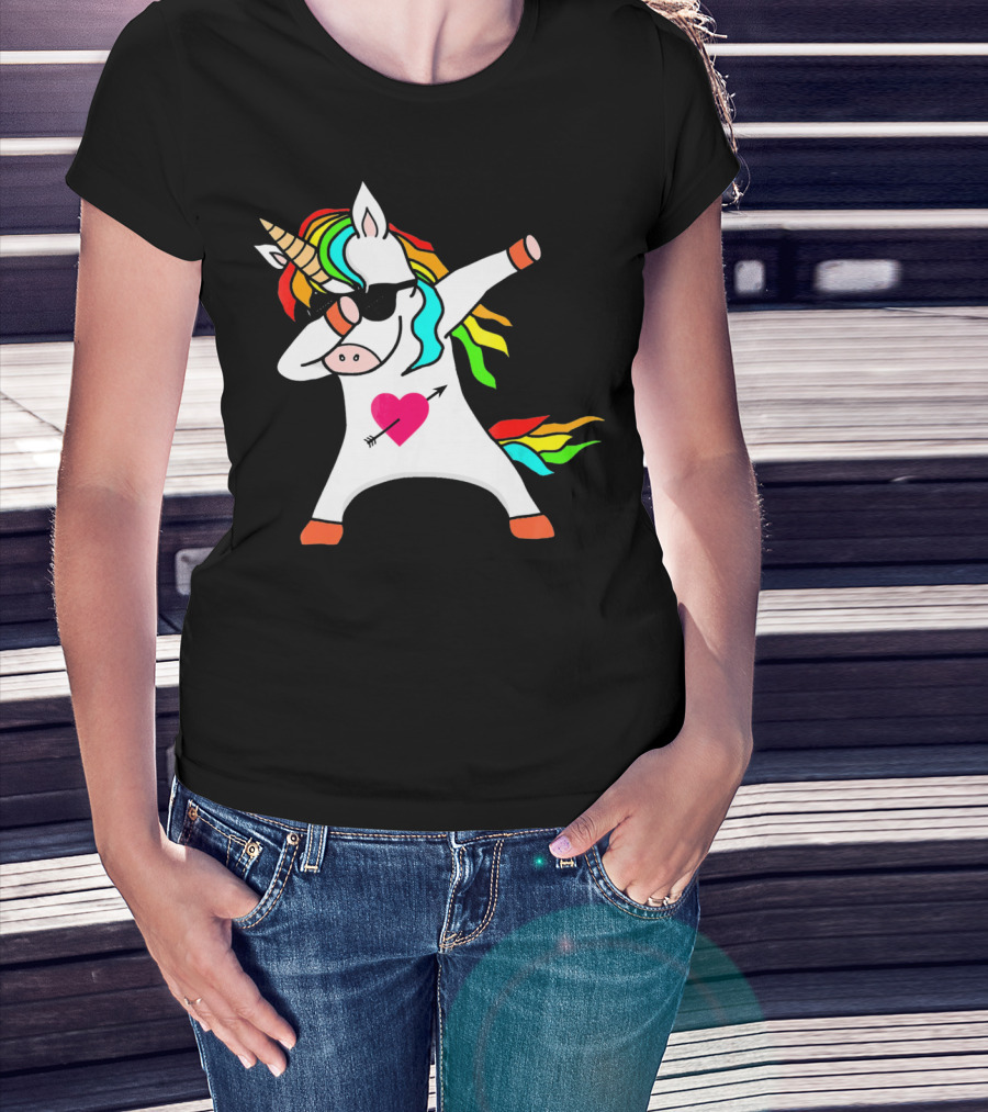 Funny Heart Valentines Day Dabbing Unicorn With Rainbow Mane And Sunglasses T-Shirt