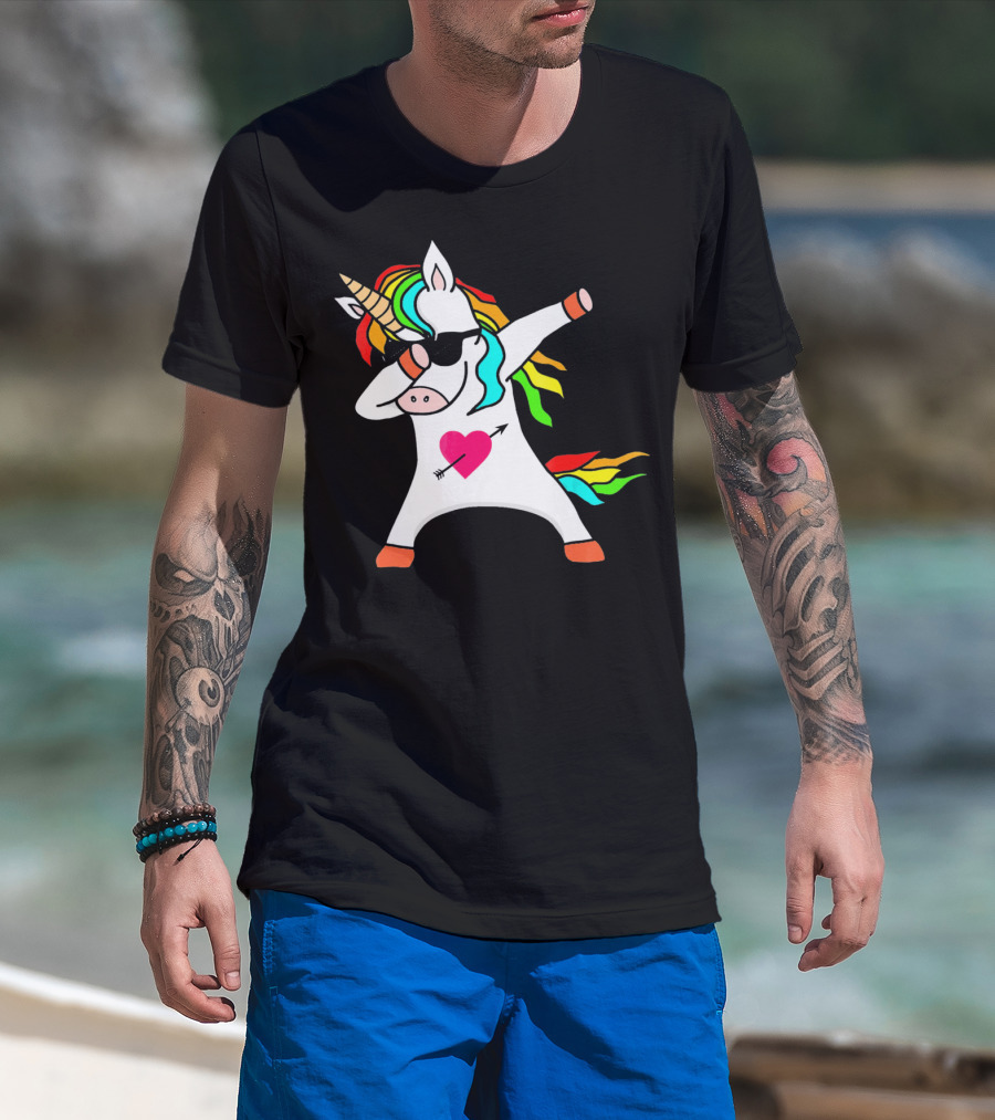 Funny Heart Valentines Day Dabbing Unicorn With Rainbow Mane And Sunglasses T-Shirt