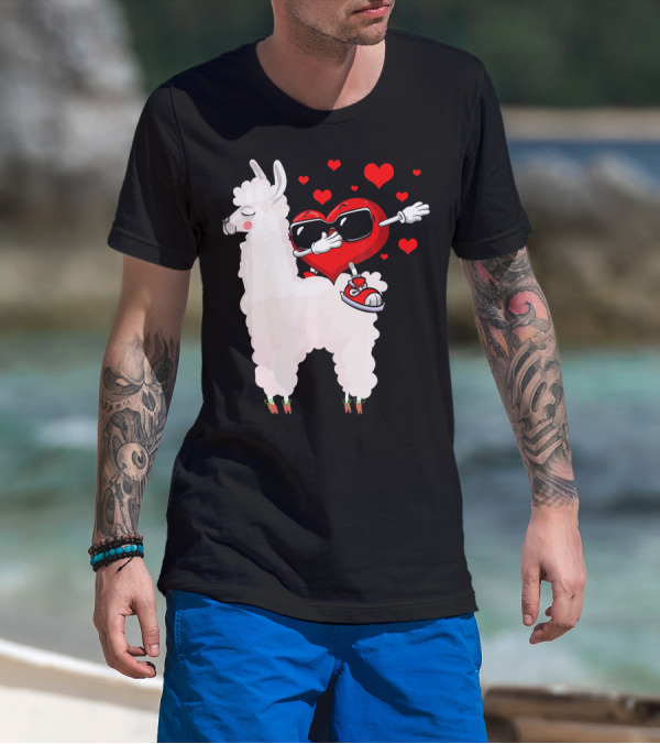 Funny Heart Dabbing On Llama Surrounded By Hearts Valentin T-Shirt