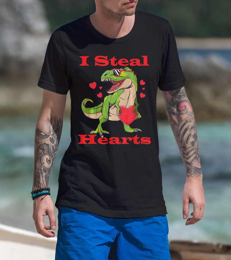 Funny Valentine Dinosaur Rex I Steal Hearts T-Shirt