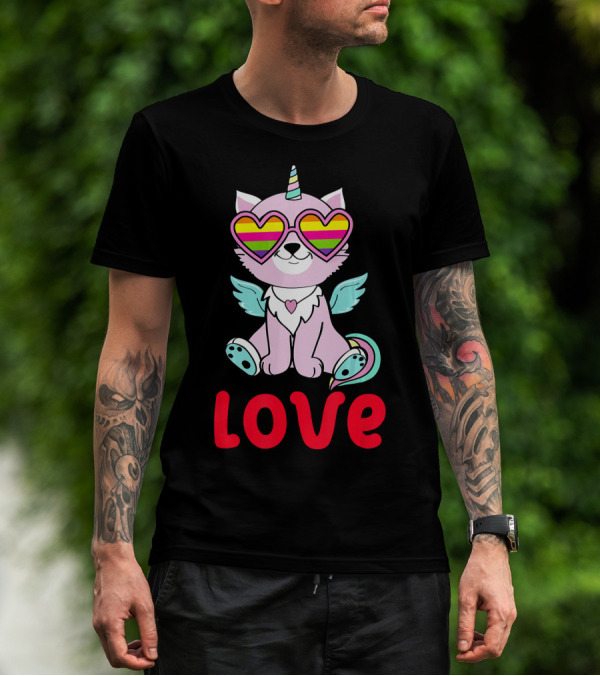 Valentines Day Love Heart Caticorn With Rainbow Sunglasses T-Shirt