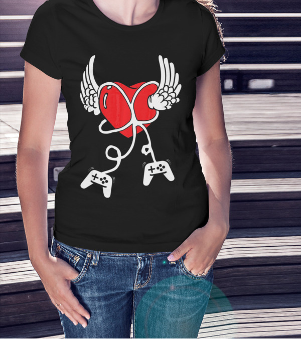 Valentines Day Heart With Wings And Video Gamer Controllers T-Shirt