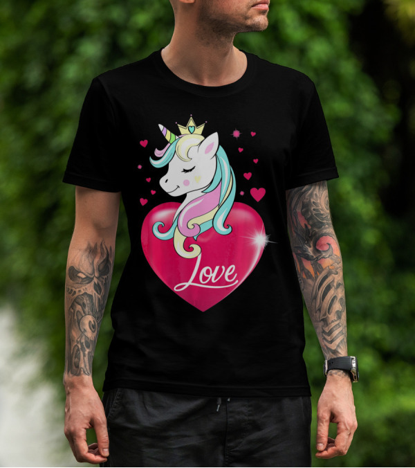 Love Heart Unicorn With Crown And Hearts Valentine's Day T-Shirt