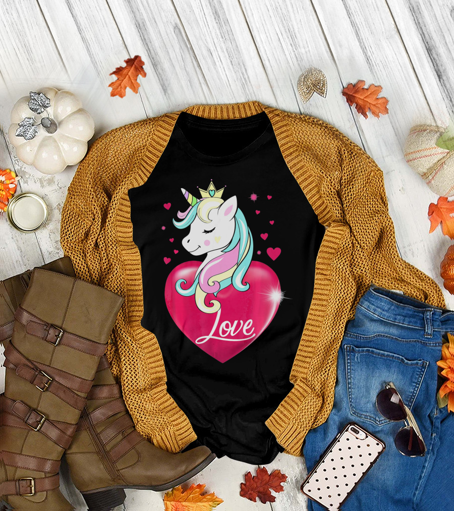 Love Heart Unicorn with Crown and Hearts Valentine's Day T-Shirt