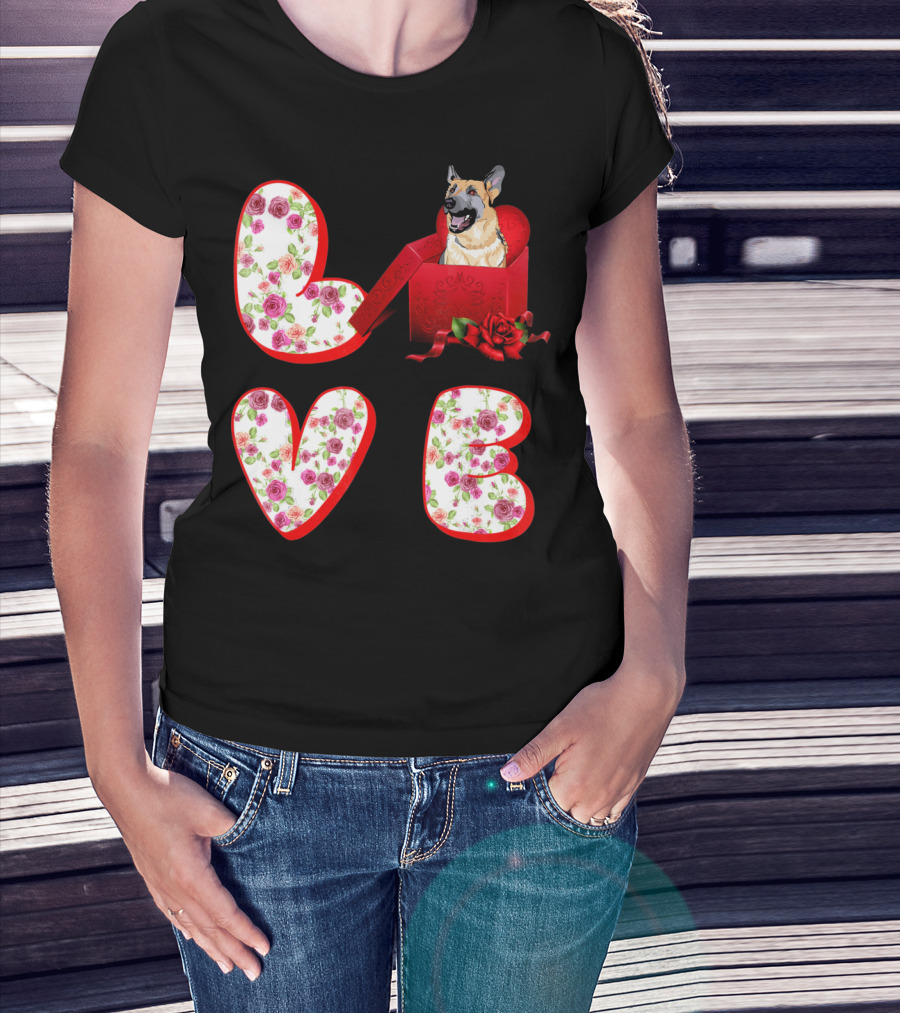 Valentine Love With German Shepherd In Floral Heart T-Shirt