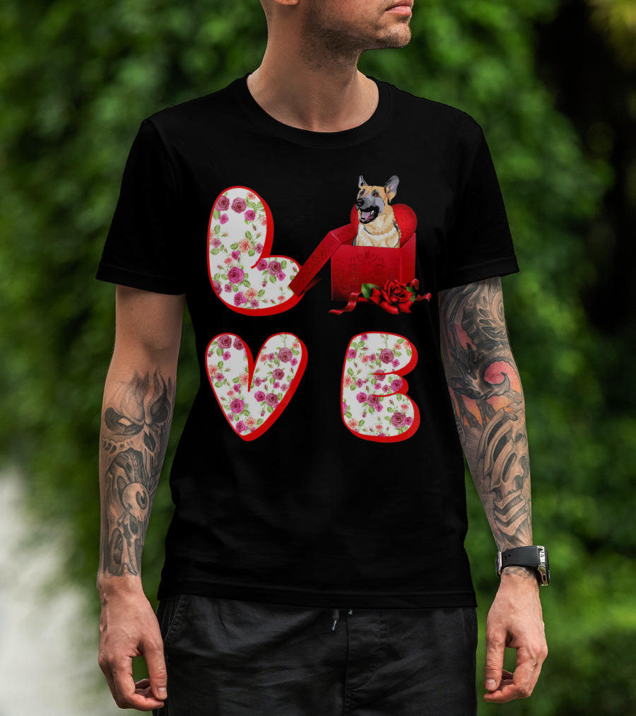 Valentine Love With German Shepherd In Floral Heart T-Shirt