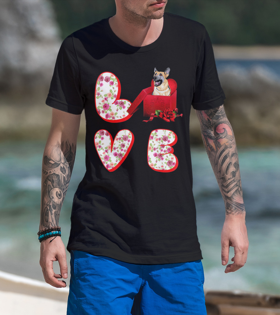 Valentine Love With German Shepherd In Floral Heart T-Shirt