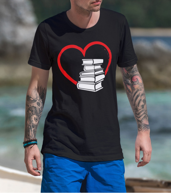Heart And Book Stack For Book Lovers T-Shirt