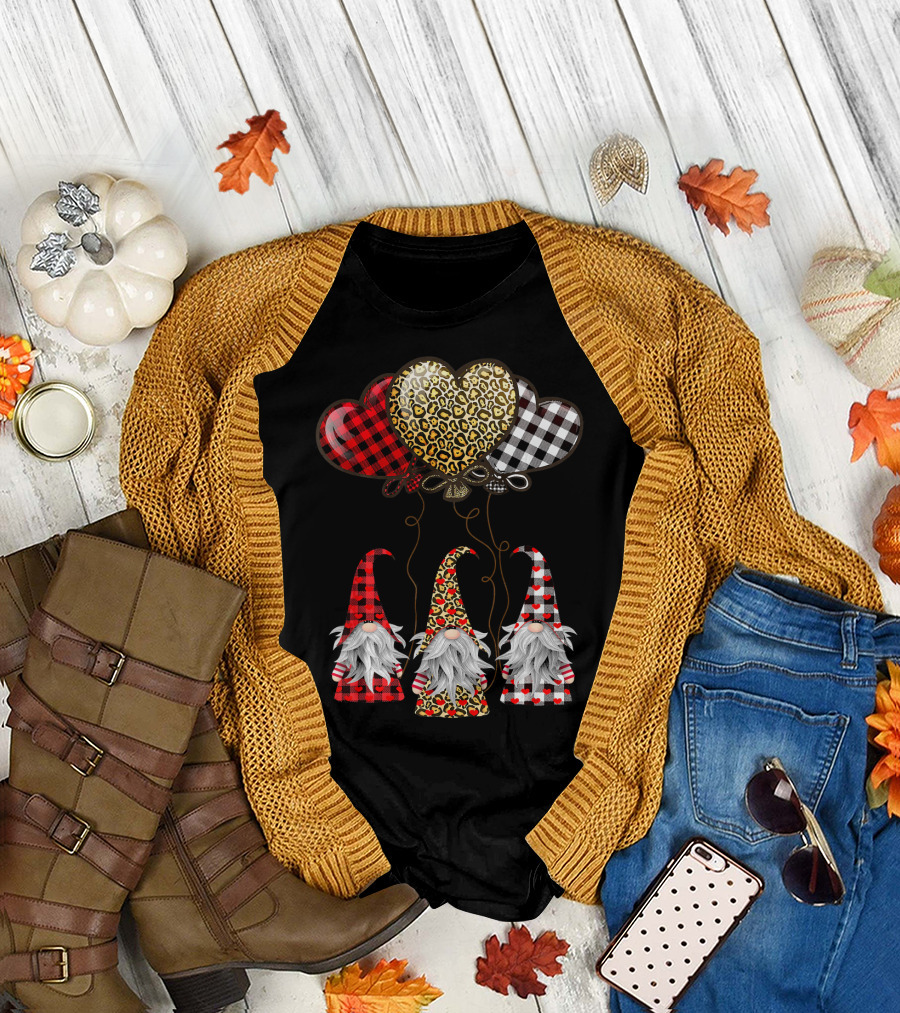 Gnomes Holding Heart Balloons with Buffalo Plaid and Leopard Print T-Shirt