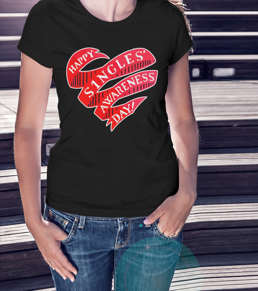 Happy Singles Awareness Day Red Ribbon Heart T-Shirt
