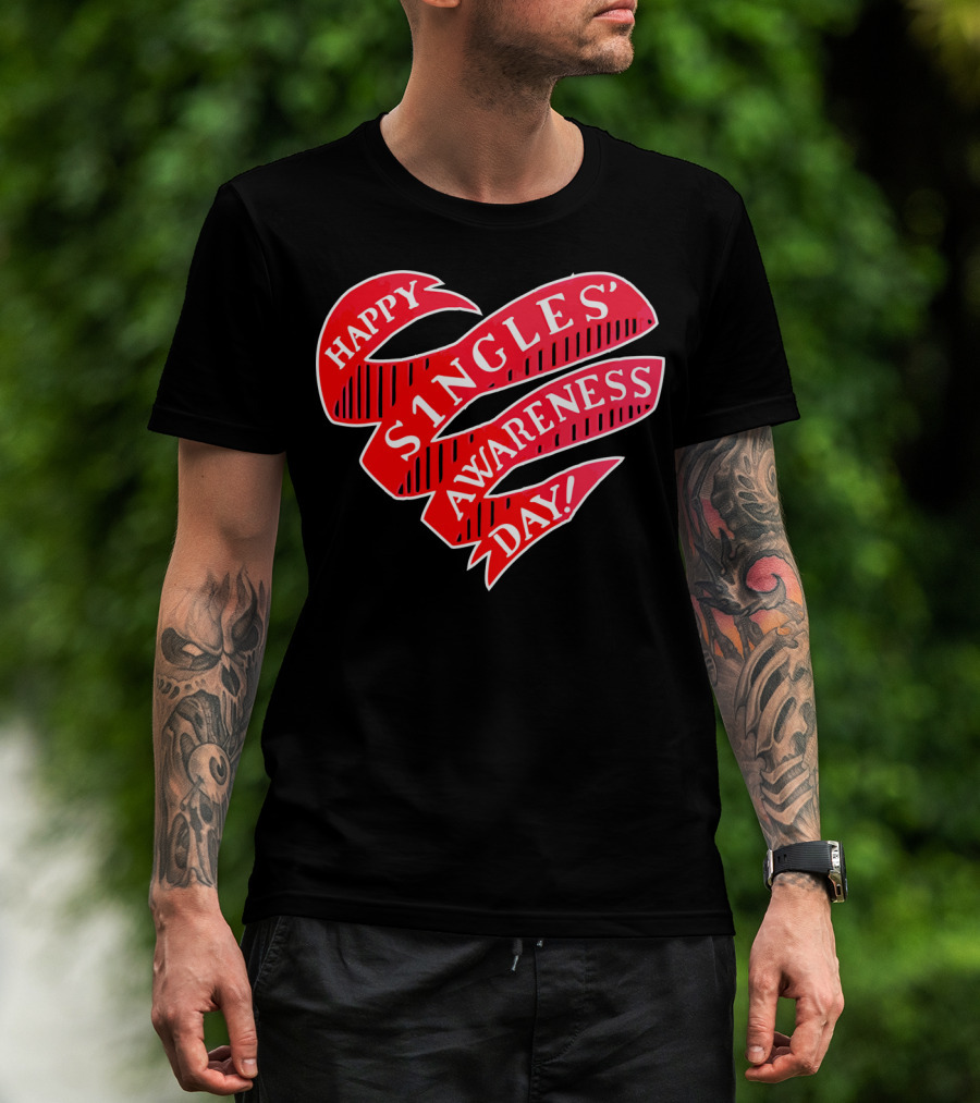 Happy Singles Awareness Day Red Ribbon Heart T-Shirt