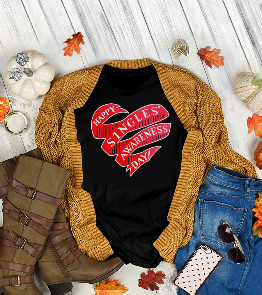 Happy Singles Awareness Day Red Ribbon Heart T-Shirt