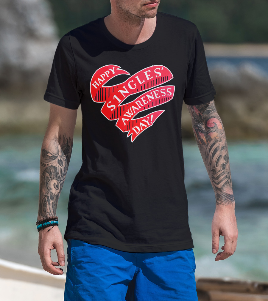 Happy Singles Awareness Day Red Ribbon Heart T-Shirt