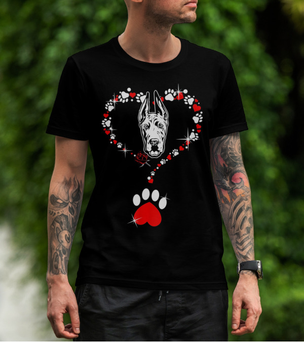 Happy Valentine Great Dane Dog Heart Pawprint T-Shirt