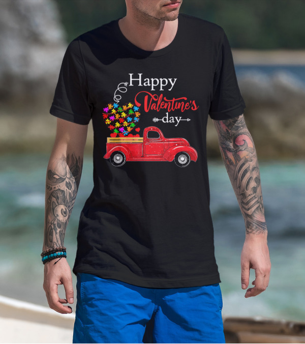 Happy Valentine's Day Truck With Colorful Heart Puzzles T-Shirt