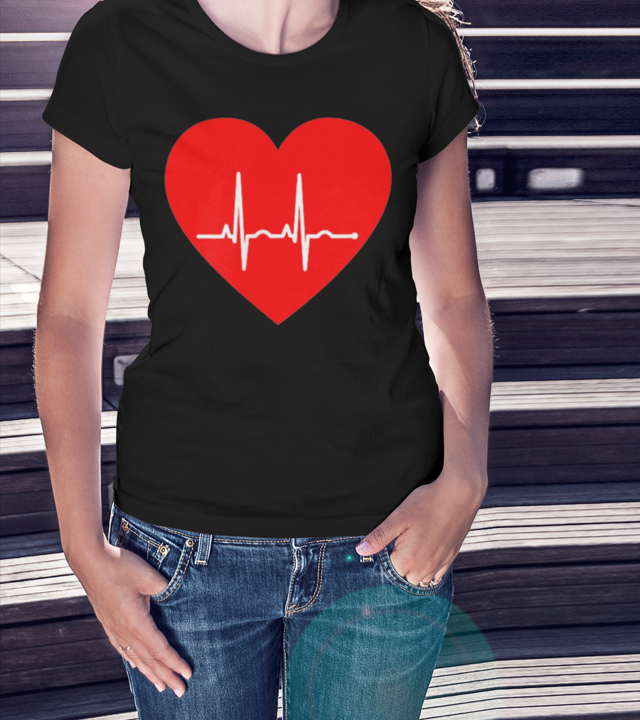 Red Heart With EKG Heartbeat Line T-Shirt