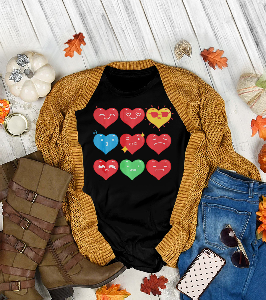 Heart Emoji Expressions Smiling Sunglasses Cute Faces Happy Sad T-Shirt