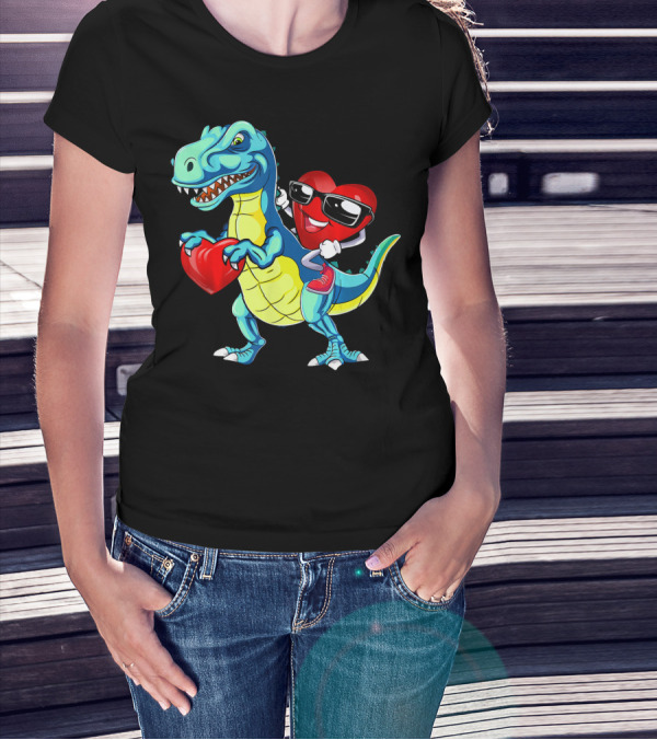 Valentine Heart With Sunglasses Riding Dinosaur With Heart T-Shirt