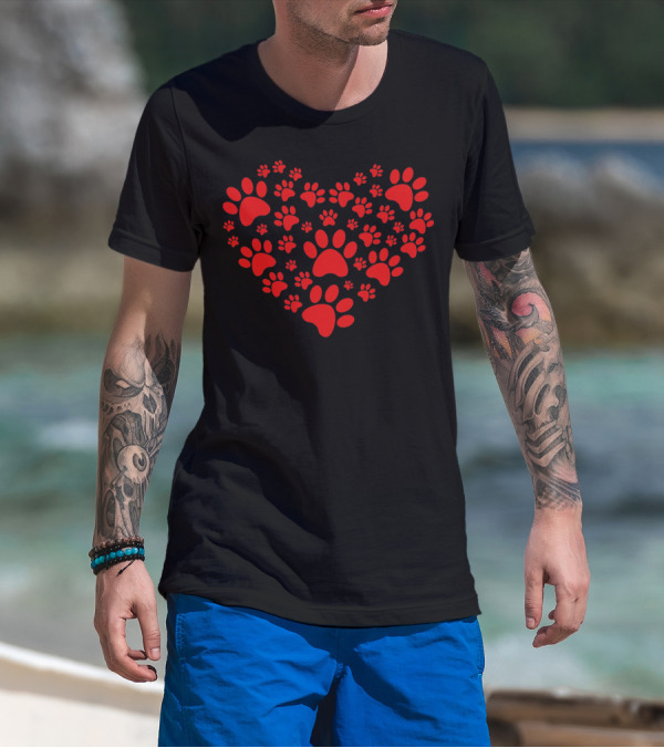 Heart Shape Paw Valentine Day Animal Love T-Shirt