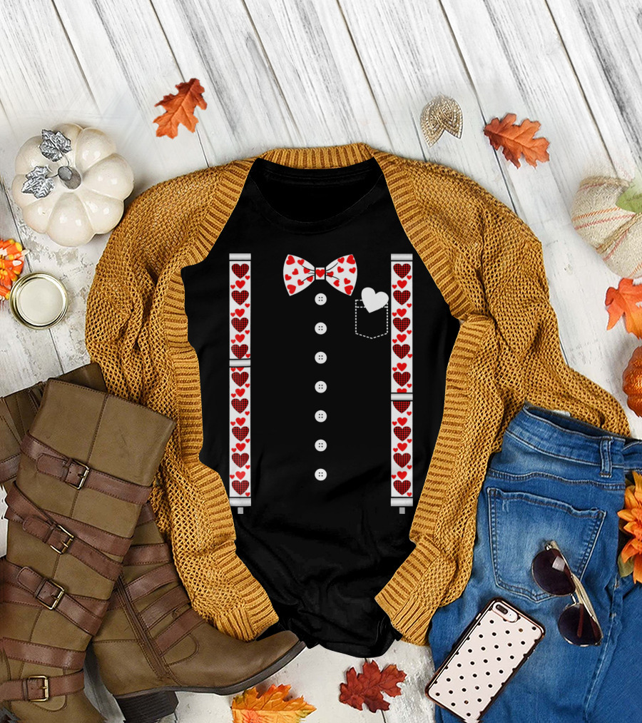 Hearts Bow Tie Suspenders Valentine's Day T-Shirt