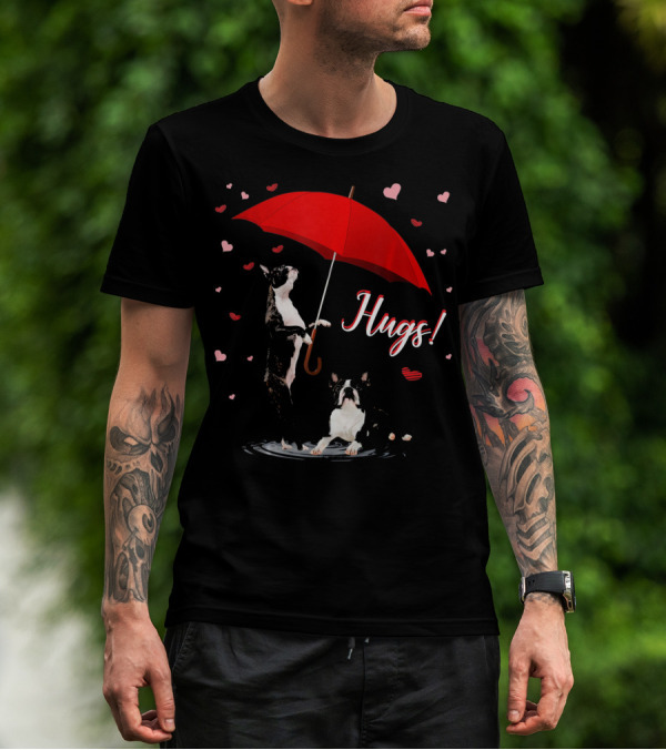 Hugs Boston Terrier Holding Red Umbrella Surrounded By Hearts T-Shirt