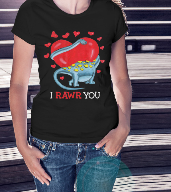 I Rawr You Funny Valentines Day Dinosaur With Hearts And Blue Dinosaur Hugging Red Heart T-Shirt