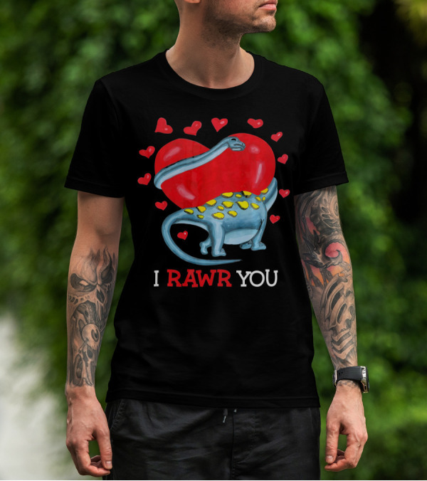 I Rawr You Funny Valentines Day Dinosaur With Hearts And Blue Dinosaur Hugging Red Heart T-Shirt