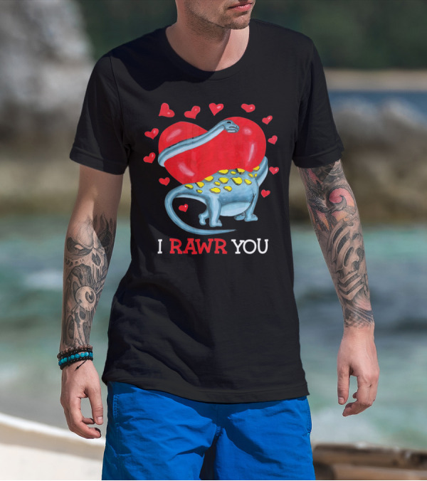 I Rawr You Funny Valentines Day Dinosaur With Hearts And Blue Dinosaur Hugging Red Heart T-Shirt