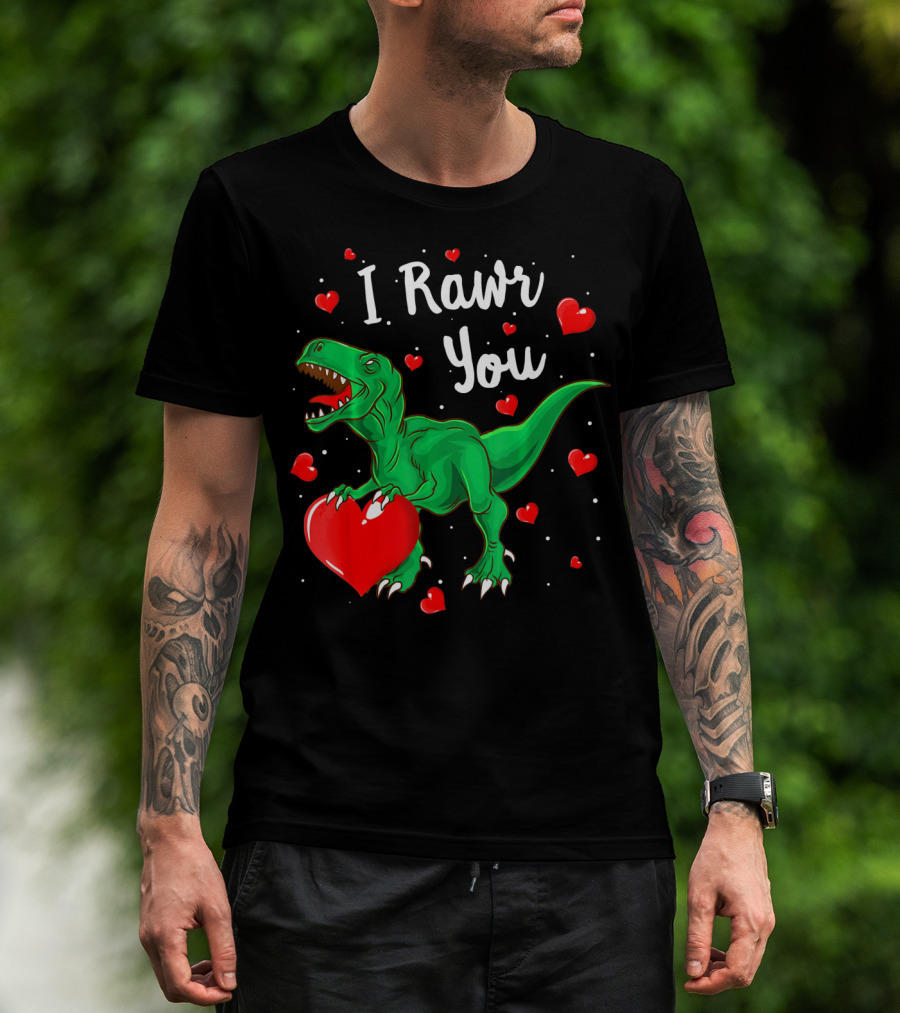 I Rawr You Dinosaur Valentine Green T-Rex With Red Hearts T-Shirt