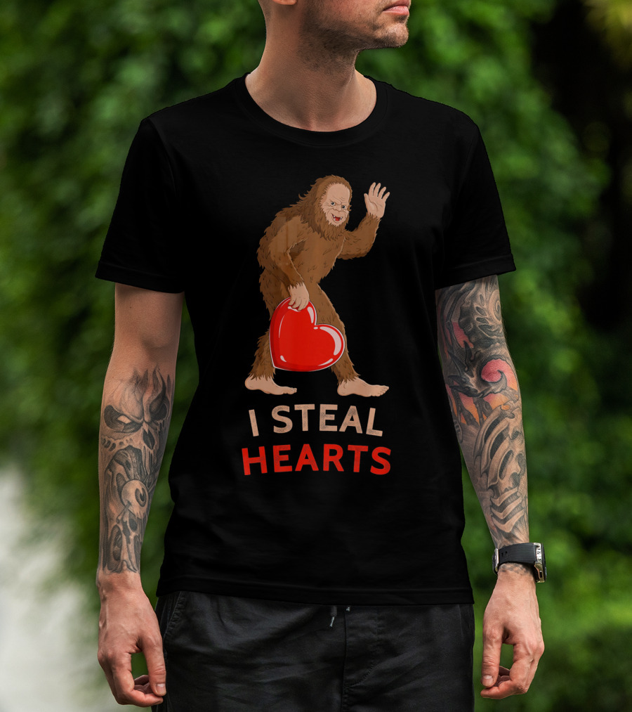 I Steal Hearts Bigfoot Valentine's Day Funny Sasquatch Image T-Shirt