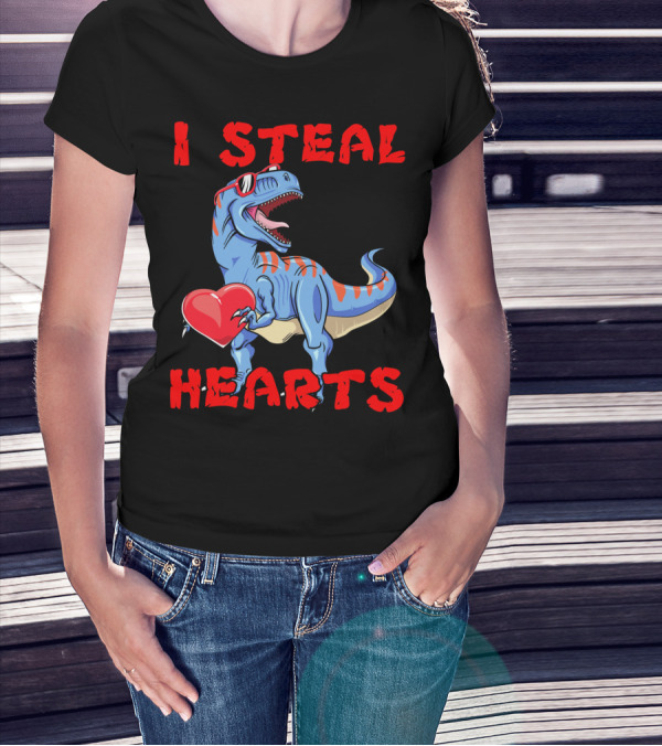 I Steal Hearts Dinosaur Valentines Red Heart Sunglasses T-Shirt