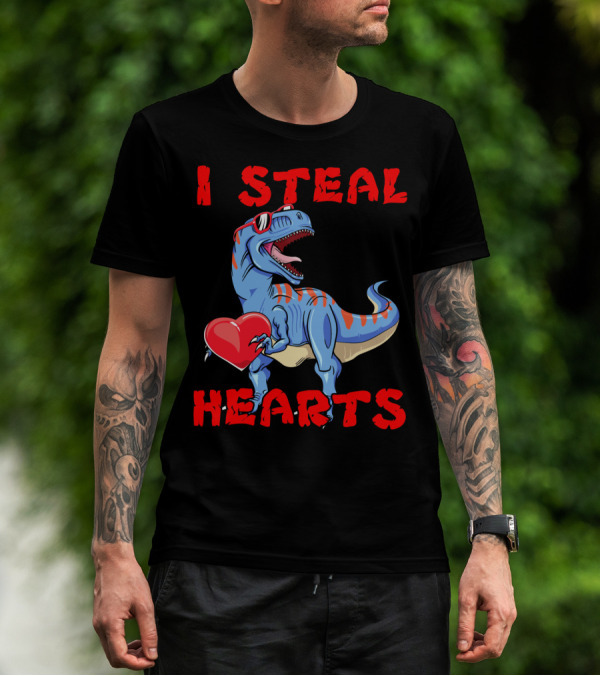 I Steal Hearts Dinosaur Valentines Red Heart Sunglasses T-Shirt