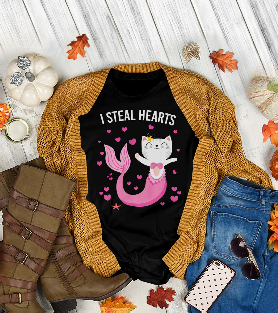 I Steal Hearts Purrmaid Cat Mermaid With Pink Hearts T-Shirt