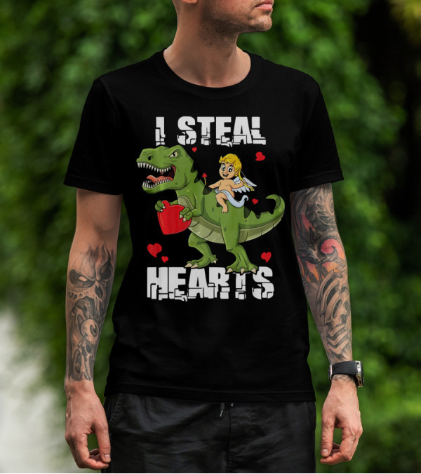 I Steal Hearts Dinosaur With Cupid And Valentines Hearts T-Shirt