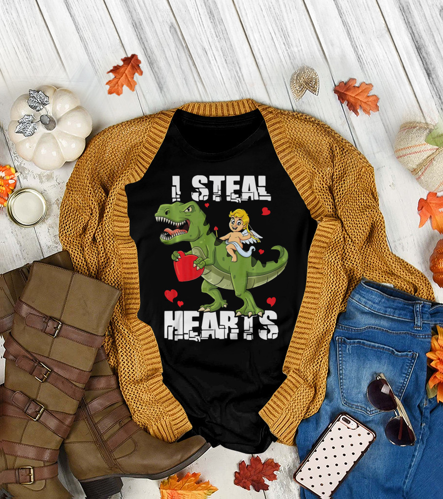 I Steal Hearts Dinosaur with Cupid and Valentines Hearts T-Shirt