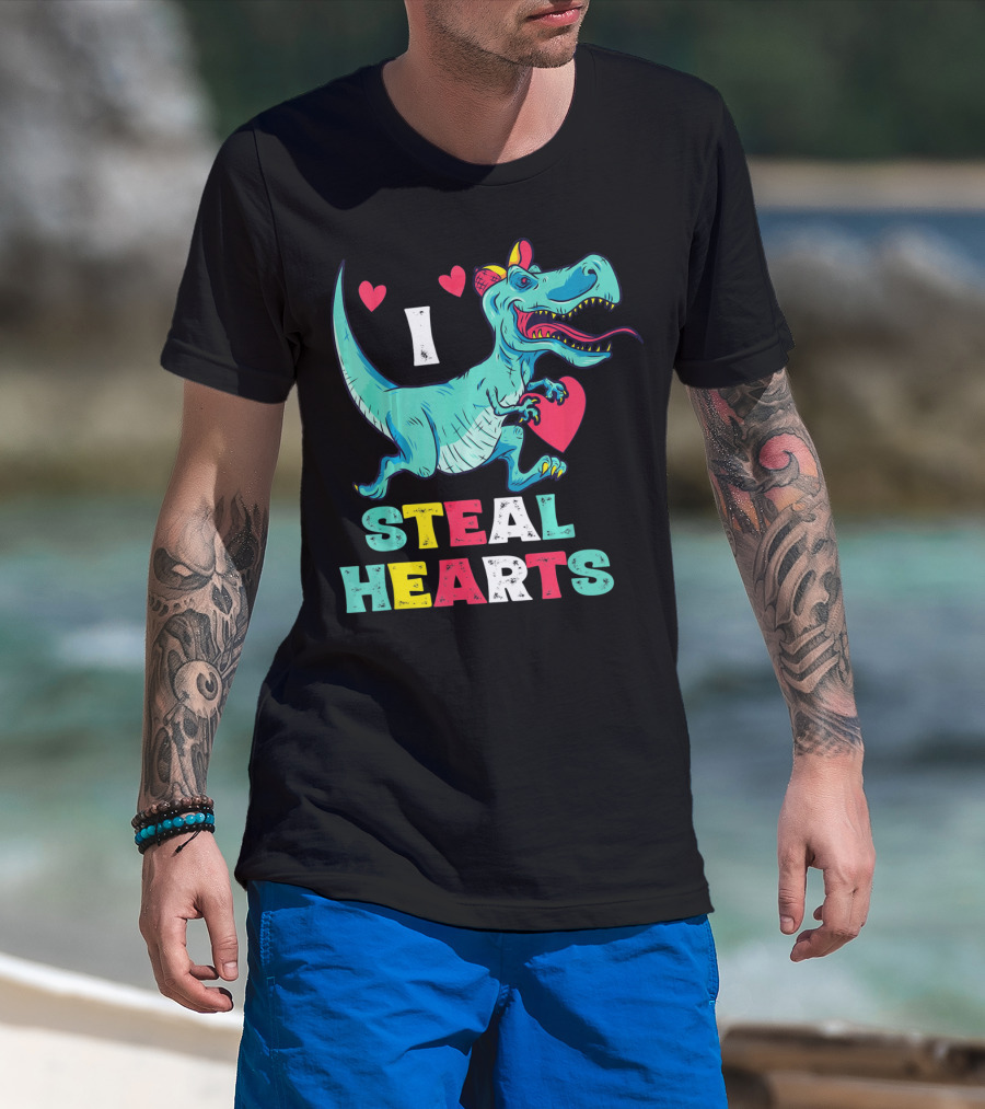 I Steal Hearts Valentine Dinosaur With Red Heart And Cute Hearts T-Shirt