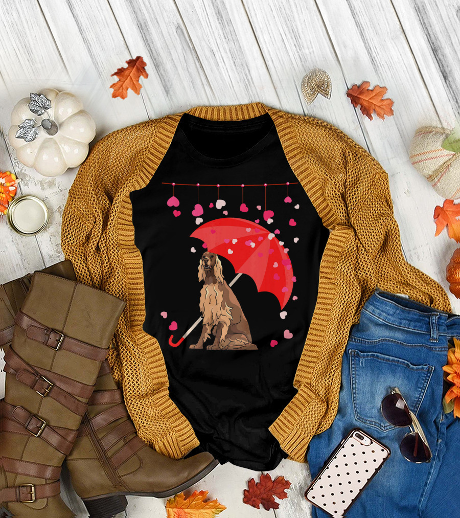 Irish Setter with Red Umbrella and Falling Hearts Valentine T-Shirt