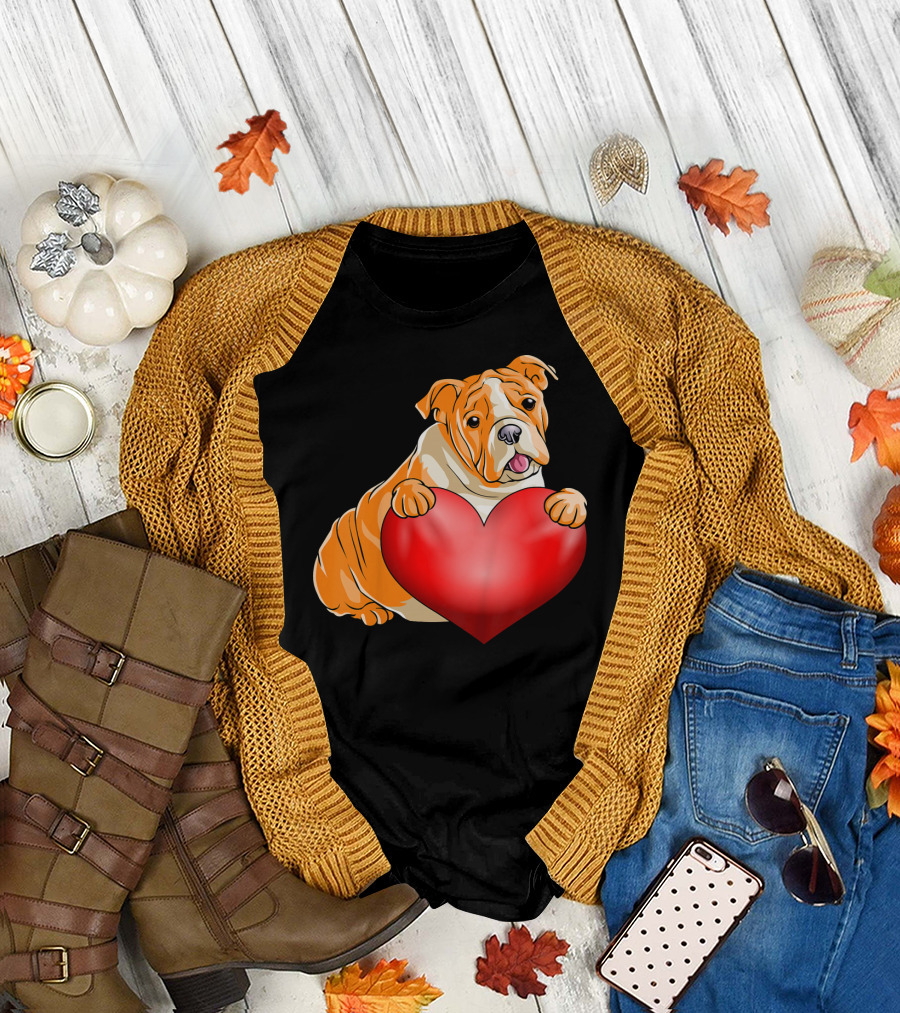 Kids Valentines Day Bulldog Heart Dog T-Shirt