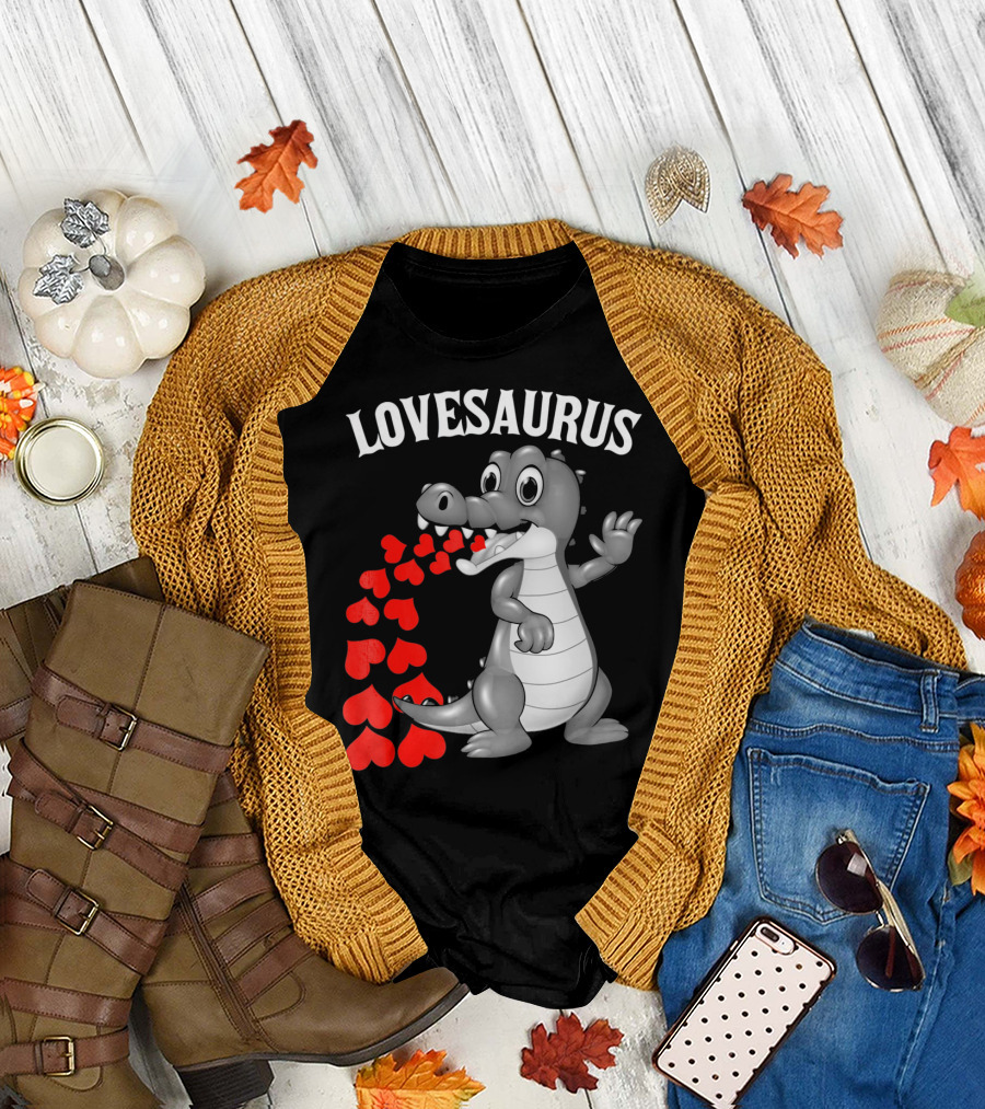 LOVESAURUS Kids Valentines Day Dinosaur Hearts T-Shirt