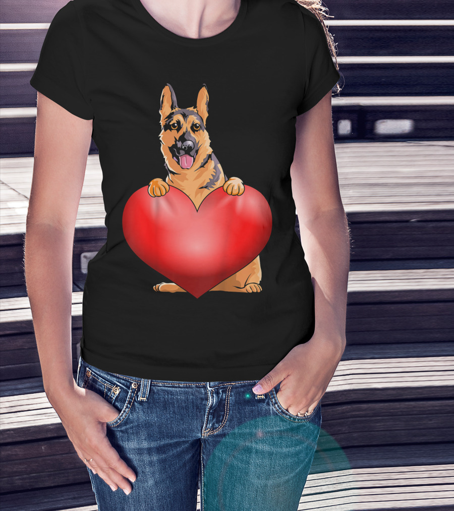 Kids Valentines Day German Shepherd Holding Heart T-Shirt