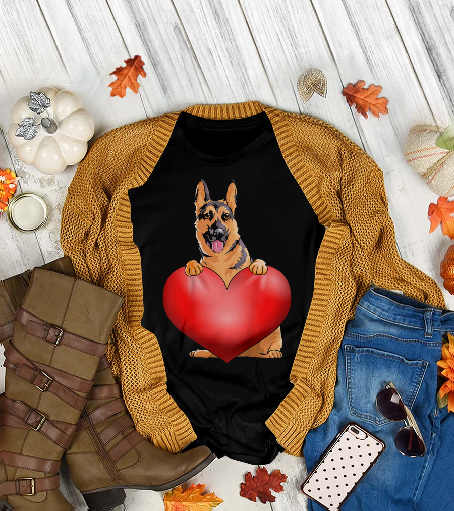 Kids Valentines Day German Shepherd Holding Heart T-Shirt