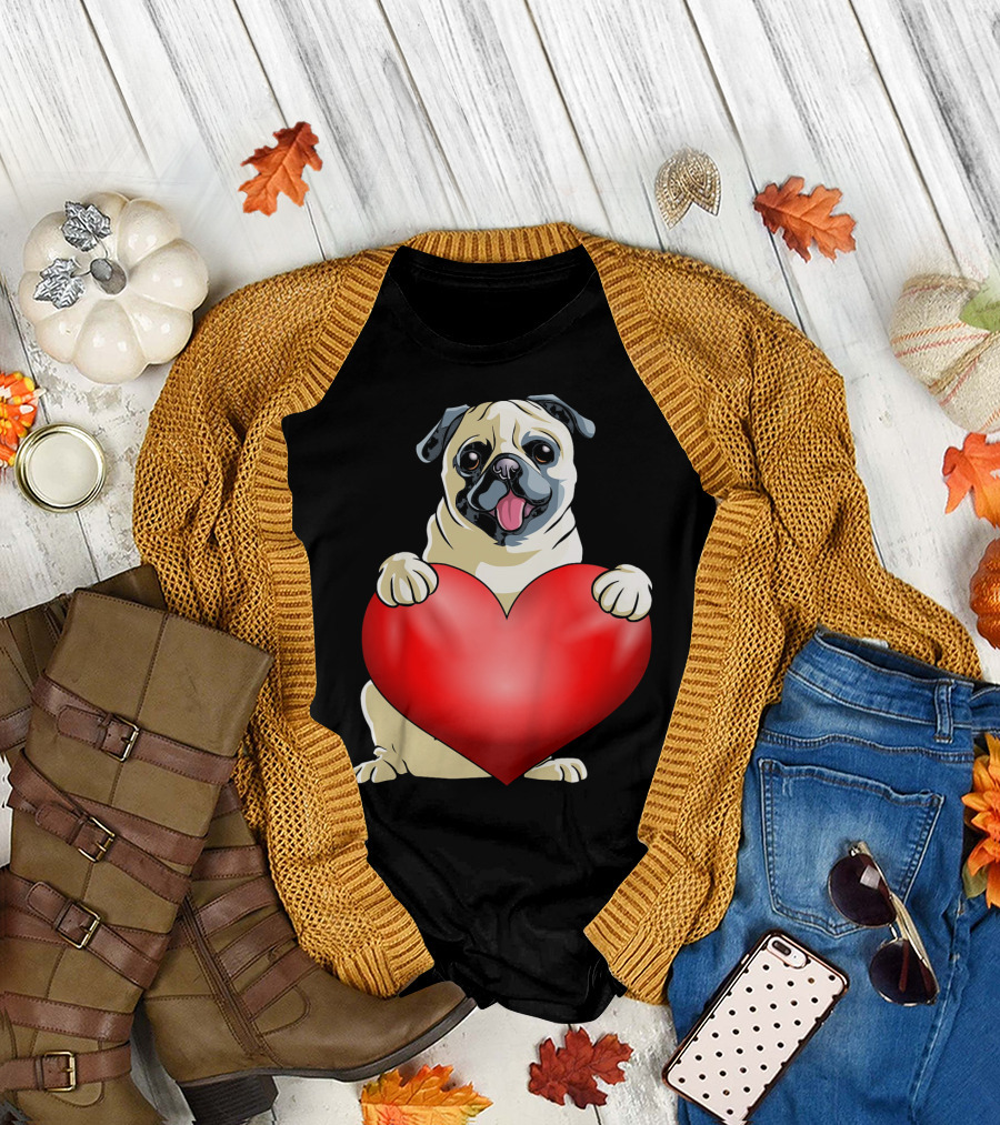 Kids Valentines Day Pug Dog Heart T-Shirt