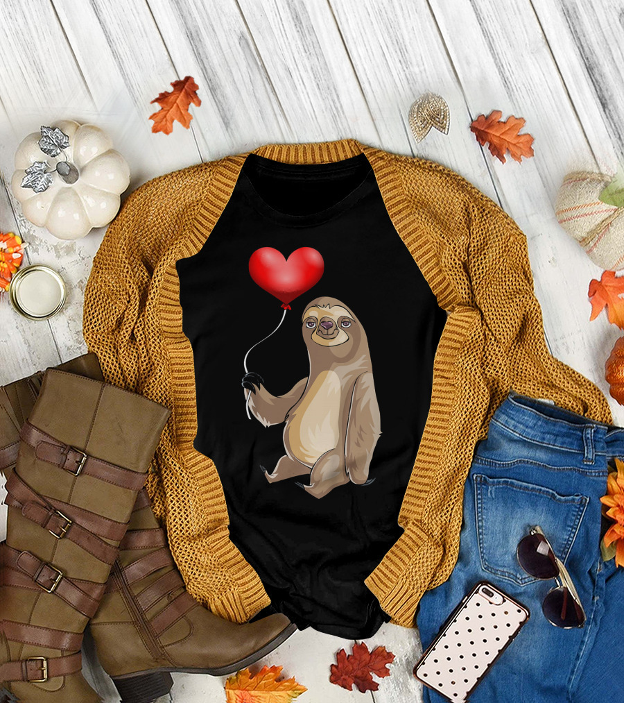 Kids Valentines Day Sloth Holding Heart Balloon T-Shirt