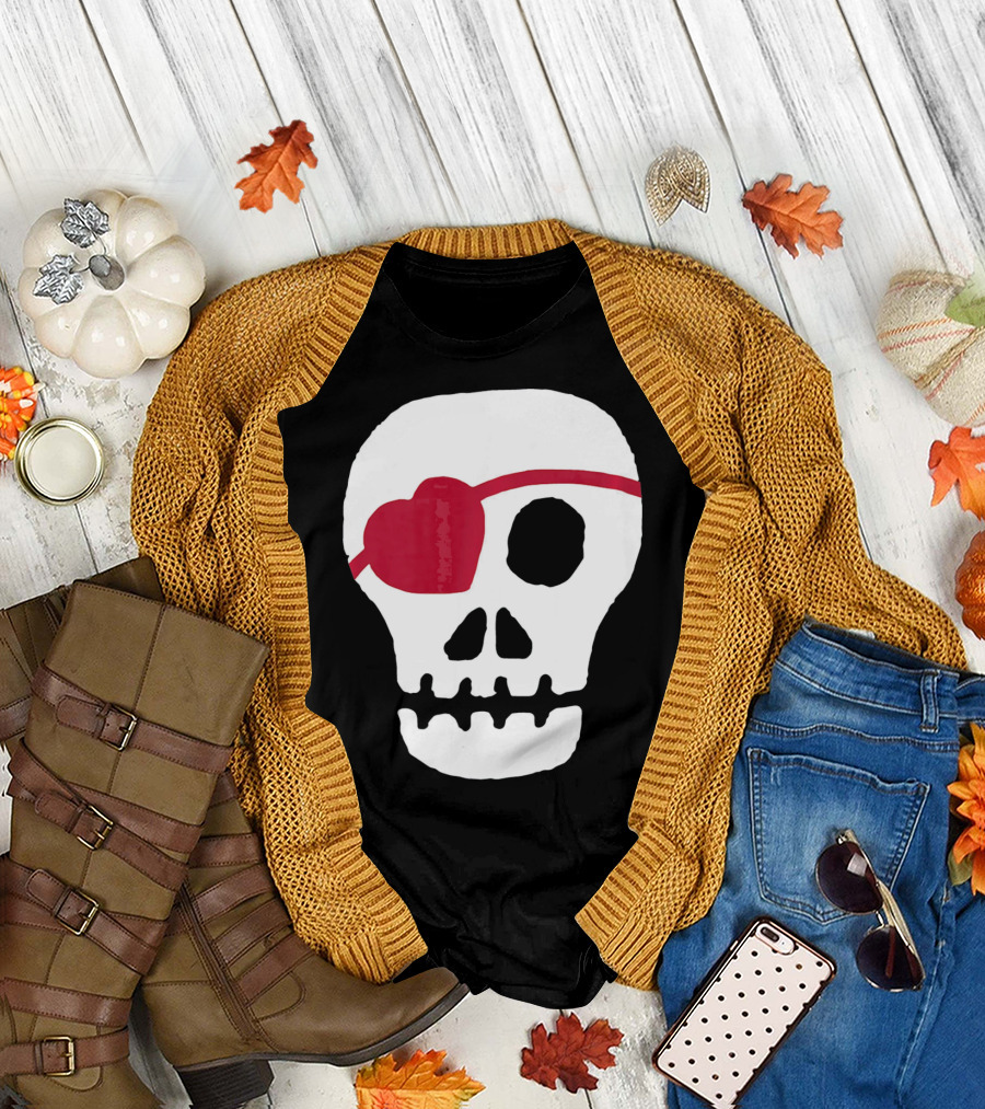 Kids Valentines Day Skull with Heart Eyepatch T-Shirt