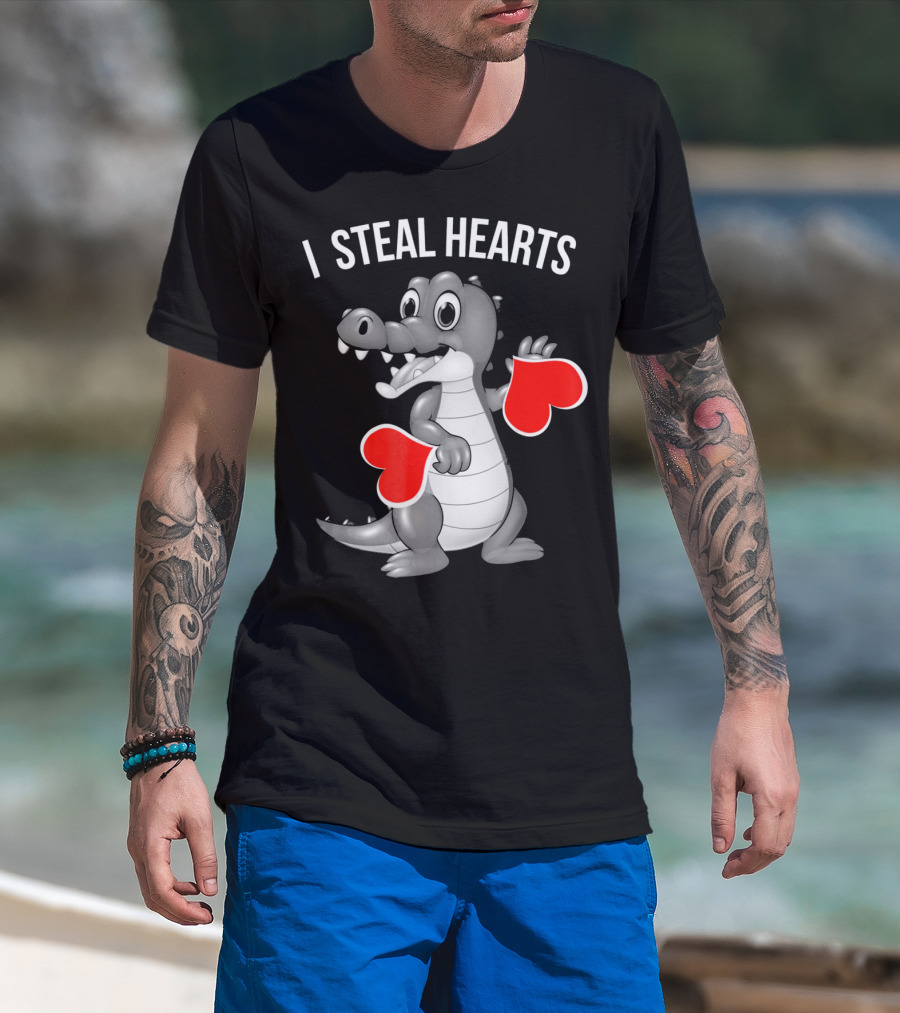Kids Valentines Day I Steal Hearts Crocodile Holding Red Hearts T-Shirt
